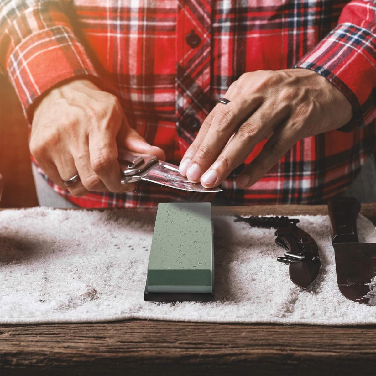 HASTHIP Knife Sharpeners for Kitchen with 400/1000 and 3000/8000 Grit Stones featuring Non Slip Bamboo Base and Leather Strop | Ideal for Chefs