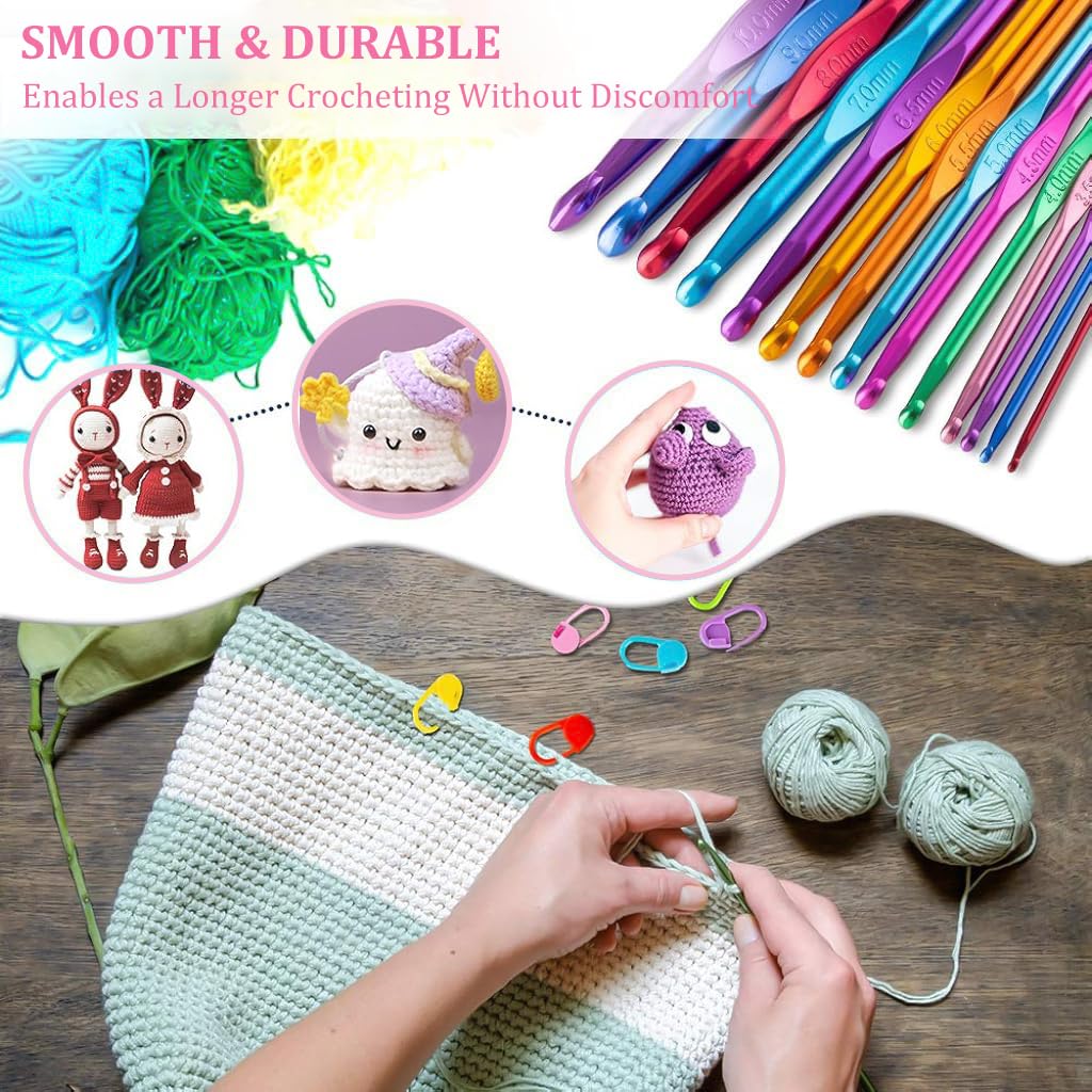 HASTHIP Crochet Hooks Set for DIY Knitting with Ergonomic Handles and 74PCS Aluminum Tools