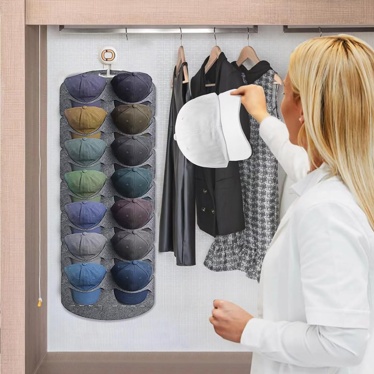 HASTHIP Nylon Hat Organizer for Baseball Caps with 14 Pockets featuring Easy‑Grab Layout | Grey Over Door Storage for Closet and Bedroom