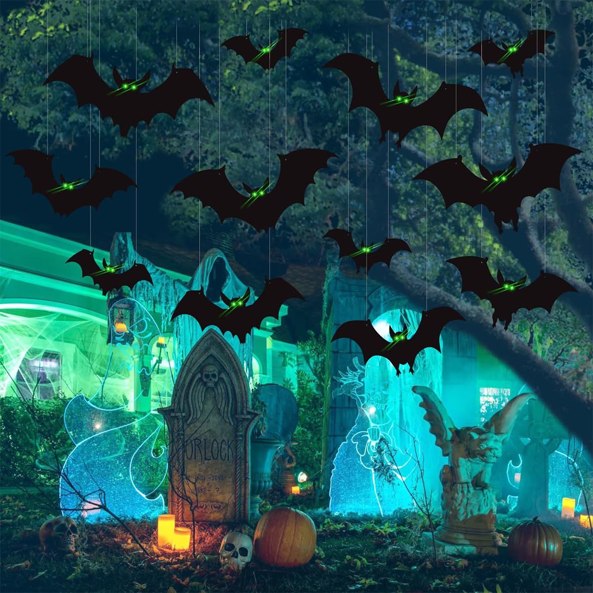 HASTHIP Halloween Home Decorations for Party with 13 Bats & Glow-in-the-Dark Eyes | PVC Wall and Tree Hanging Decor