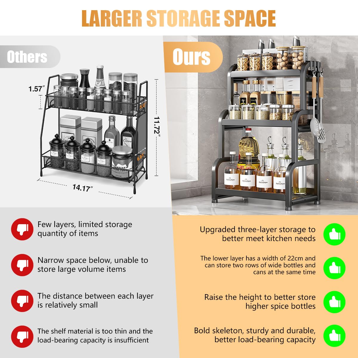 HASTHIP Kitchen Condiments Organizer Rack with Hooks and 47x22x56cm Triple Layer Carbon Steel Shelf | Space Saving Counter Storage