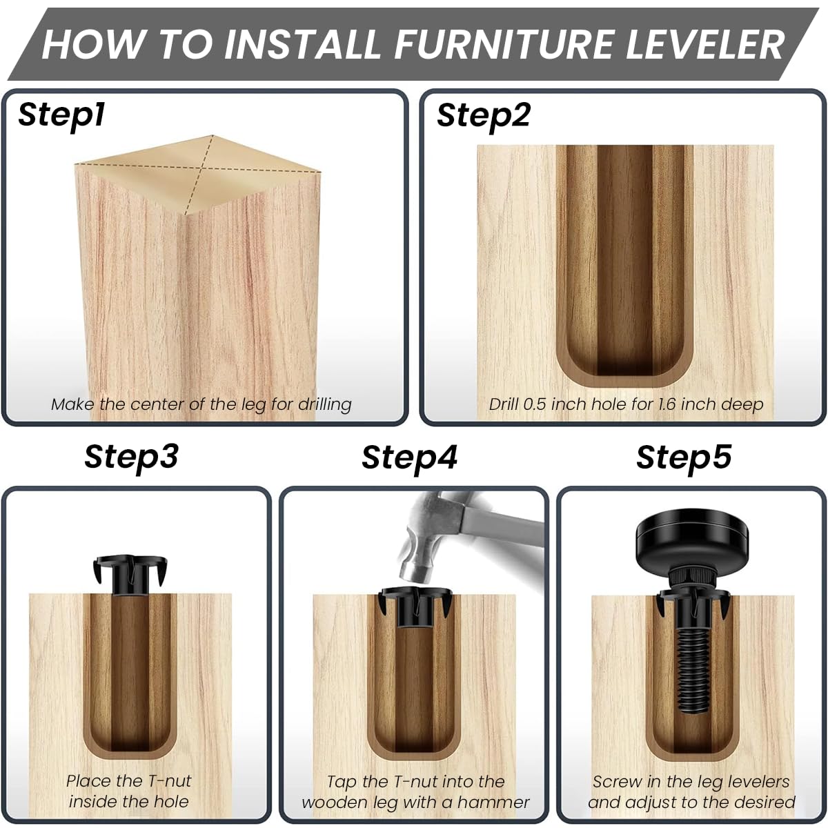 4PCS 3/8" Threaded Leveling Feet Adjustable Table/Furniture Feet Leveler Adjustable Furniture Feet, High Load Capacity 1320LB, Furniture Levelers Foot with T- Nut Kit 3/8"-16 Thread