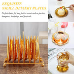 HASTHIP® Set of 6 Small Dessert Plates 3.9 inches Golden Dessert Plates with Golden Metal Stand Luxury Golden Embossing Dessert Plates for Party, Banquet, Birthday, Festivals