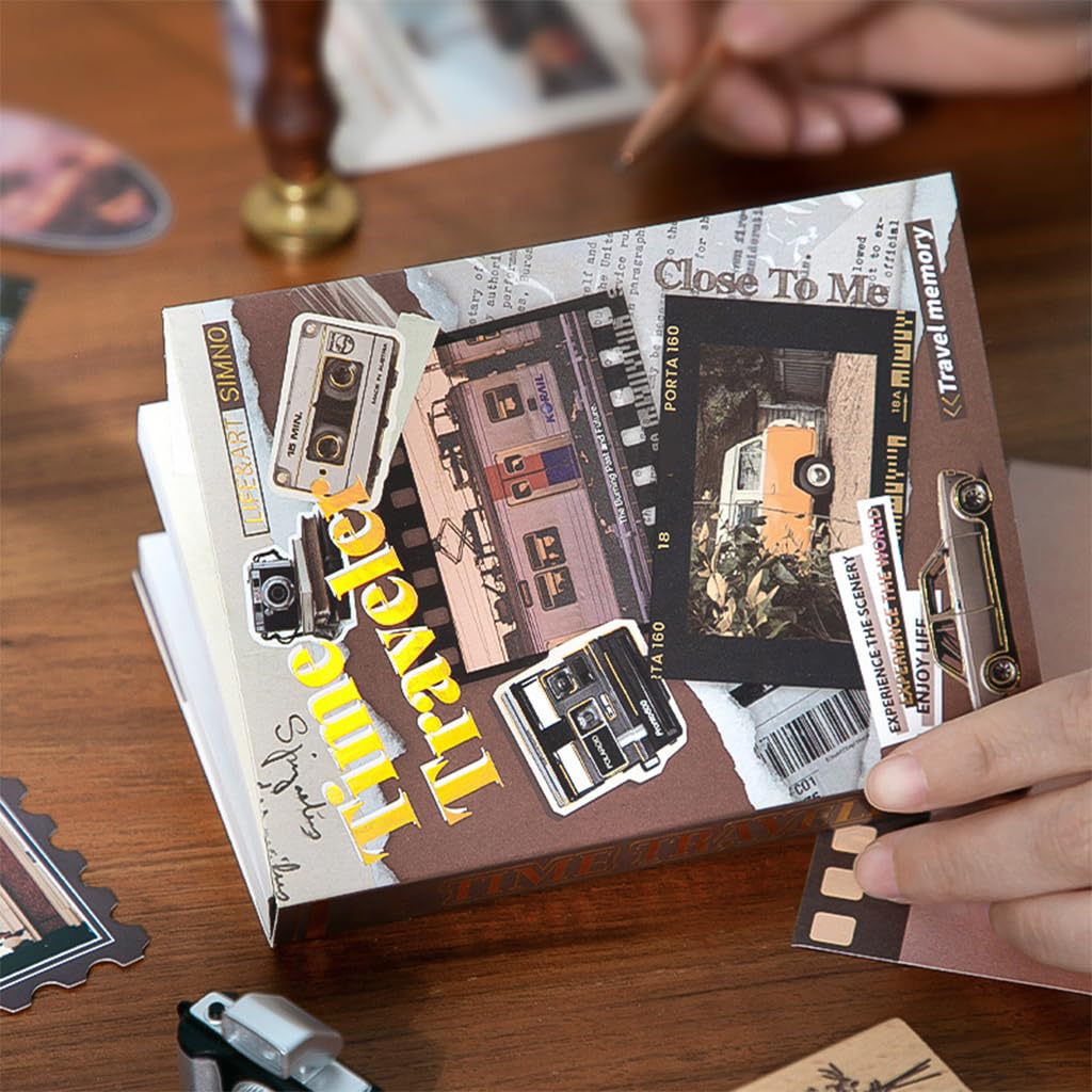 HASTHIP Vintage Scrapbooking Stickers Gift Set for DIY Journals with A6 Notebook and 160x212mm Portable Box | Brown Time-Themed Stationery