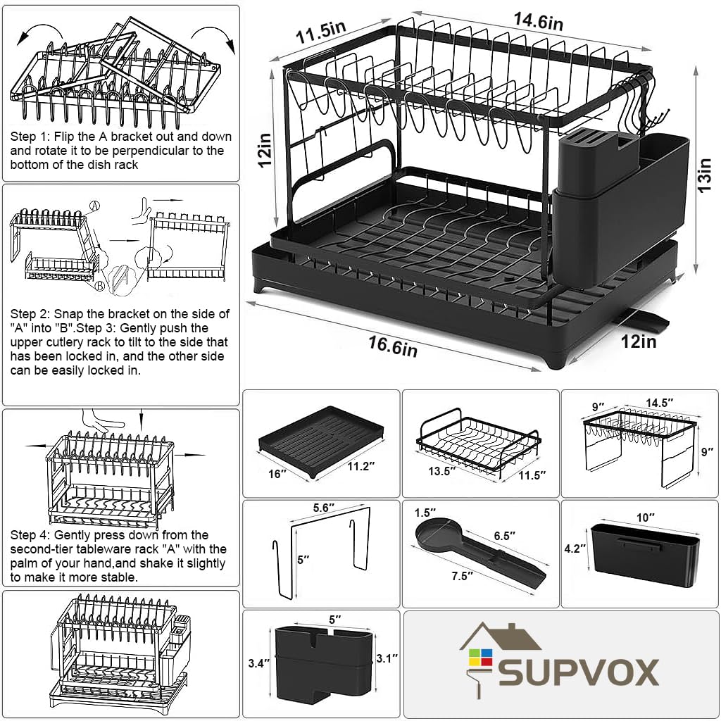 HASTHIP® Dish Drying Rack, Double Dish Drying Rack, Dish Drying Stand with Utensil Holder & Drainboard Tray & Cutting Board Holder, Large Capacity Dish Drainer Collapsible Rust-Resistant Dish Rack