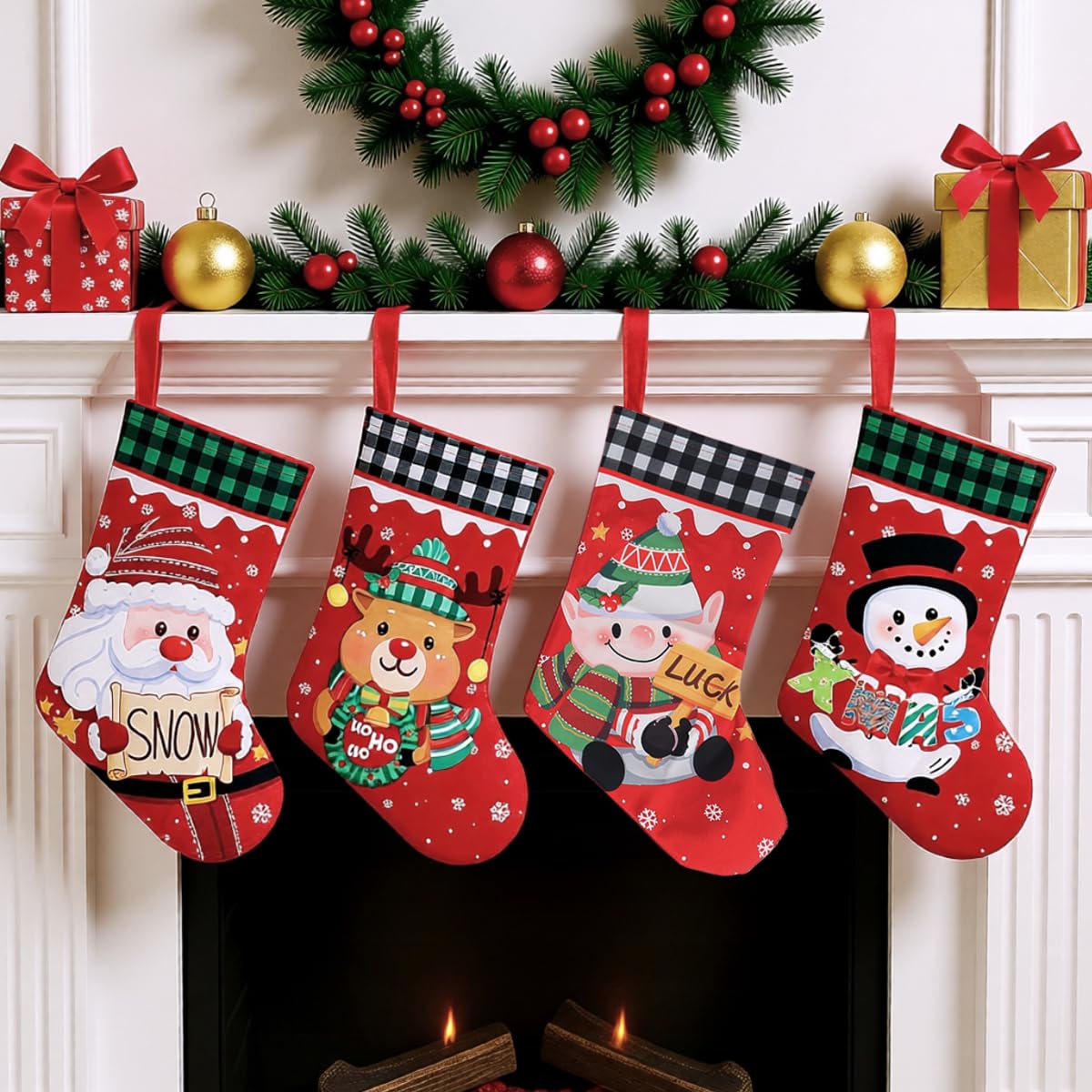 HASTHIP Christmas Stockings Set for Tree and Home Decor with 4 Designs | Santa Reindeer Snowman Style