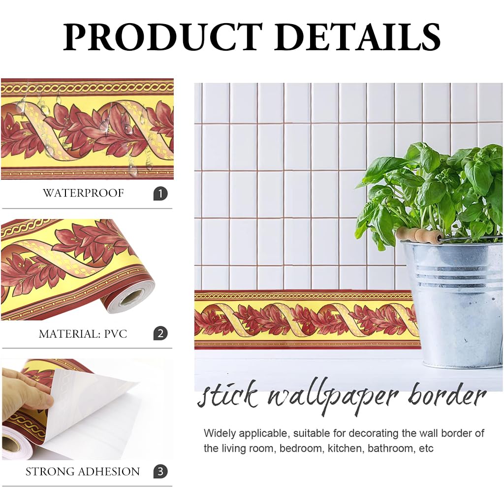 HASTHIP® Wall Border Sticker - 3.9''×29.5 Ft Self-Adhesive Floral Trim PVC Frame Sticker, Kitchen Bathroom Waterproof Wallpaper Border Removable Self Adhesive Tiles for Room Decor, Cupboard, Home DIY