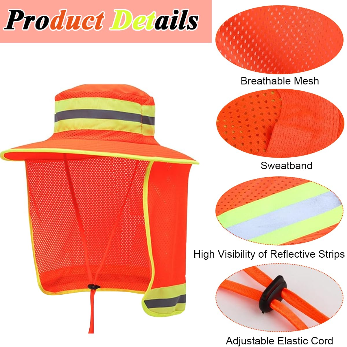 HASTHIP® High Visibility Safety Reflective Bucket Hat with UV Protection, Breathable Mesh Neck Flap, Adjustable Fit for Men & Women, Ideal for Night Work, Hiking, Fishing, Neon Color Design