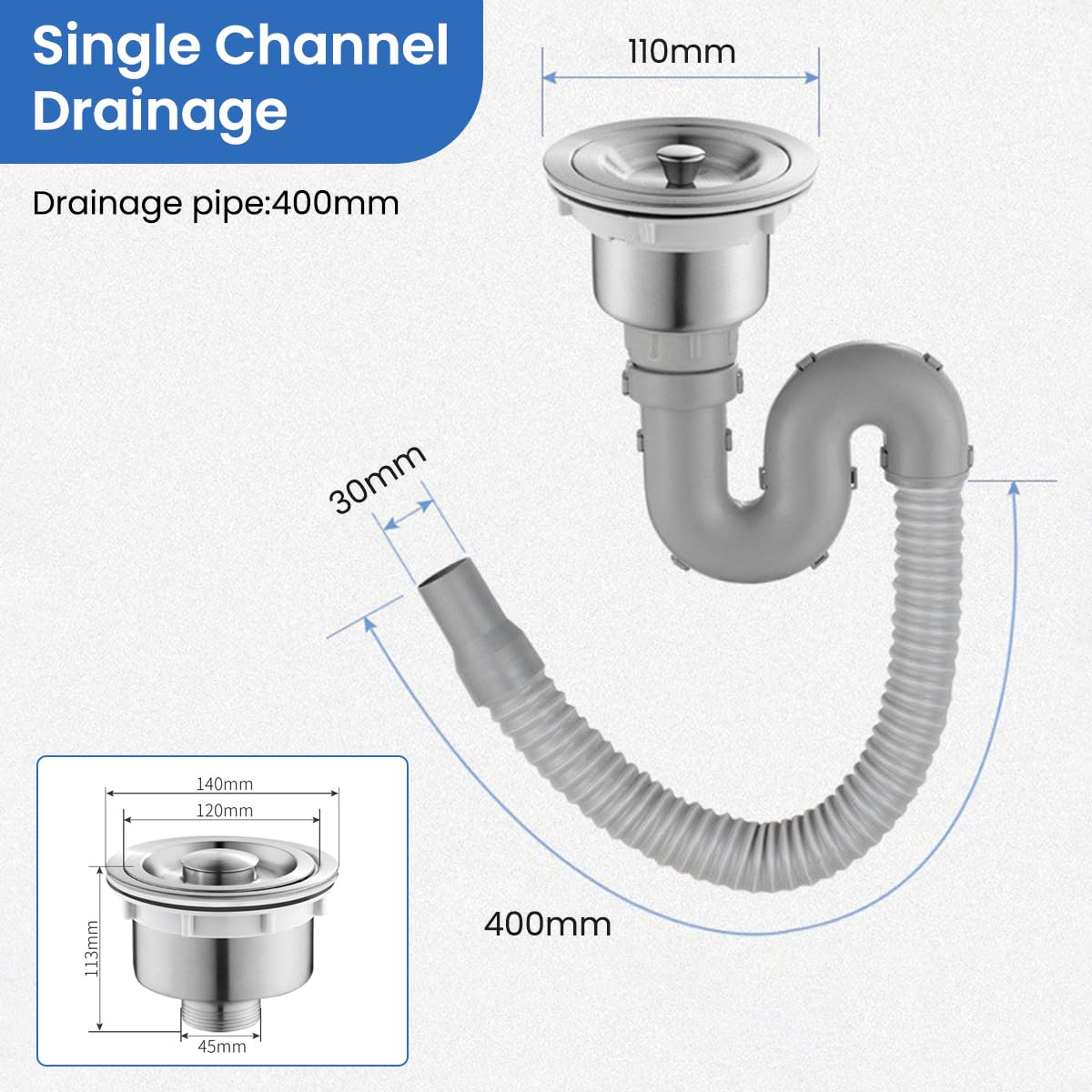 HASTHIP Kitchen Sink Drain Pipe Kit for Home Use with 3.35–4.33 in Flange and U Shaped P Trap
