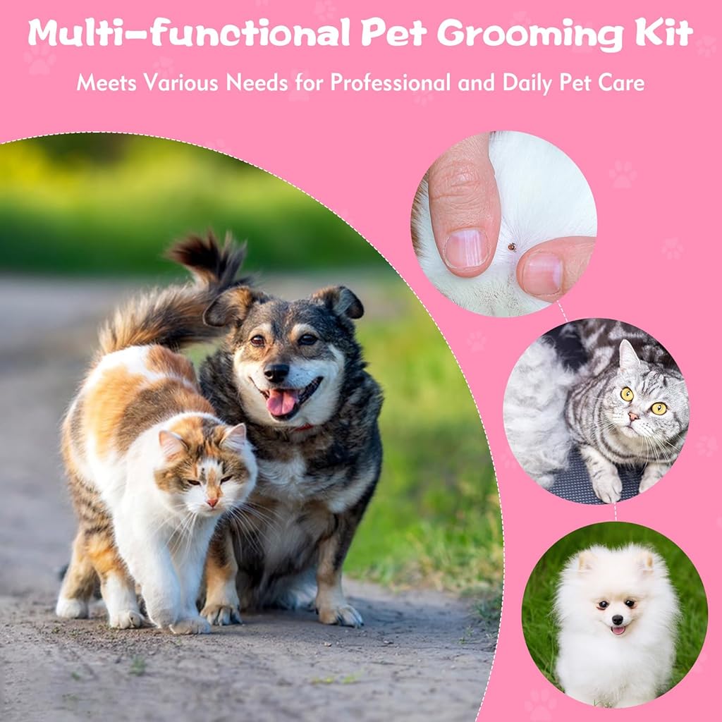 HASTHIP® 6 PCS Flea Comb for Dogs and Cats, Stainless Steel Dog Cat Grooming Combs, Fine & Wide Tooth Lice Comb, Tick Removal Tool, Tear Stain Remover, Dematting Brush, for Small, Medium Pets, Pink