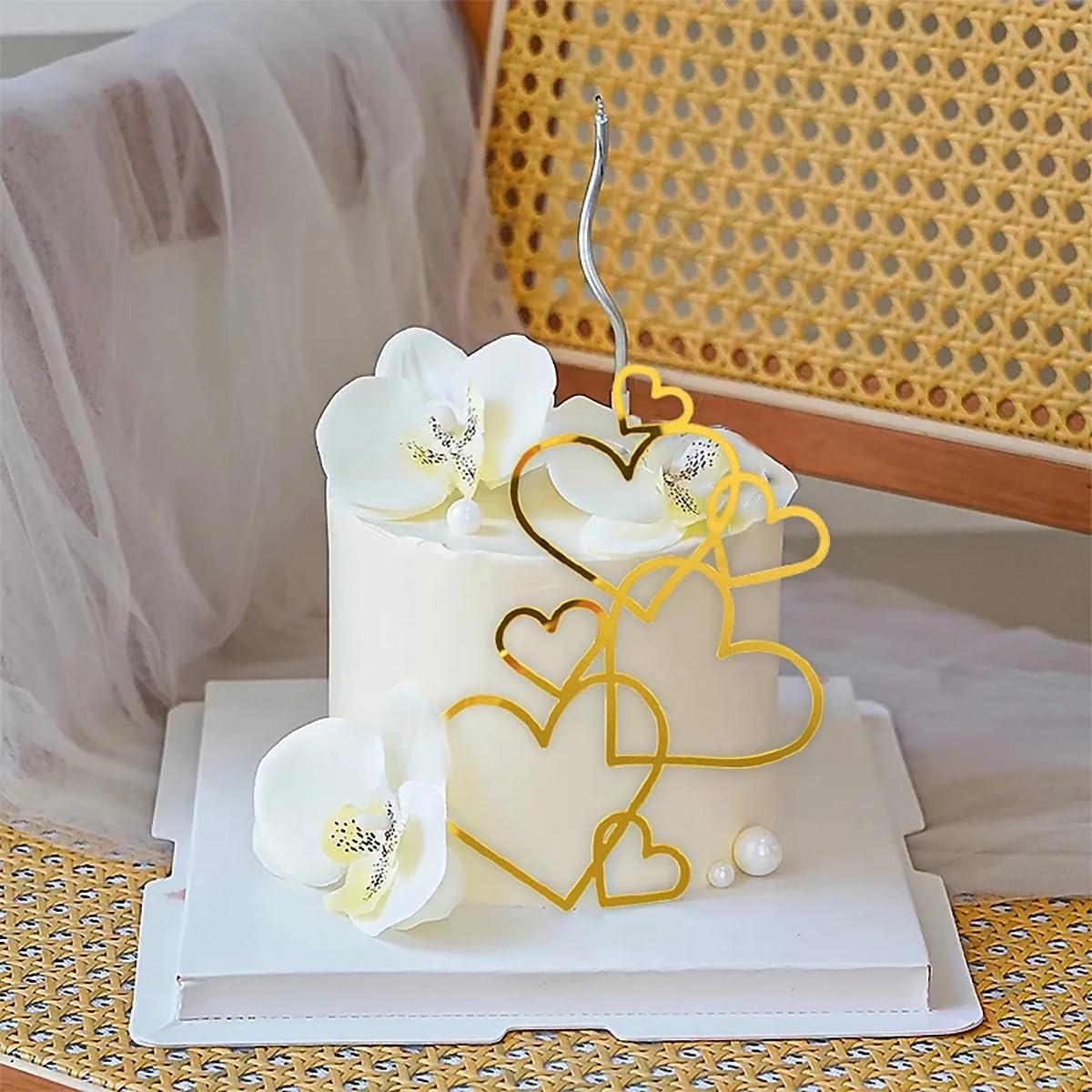 HASTHIP Love Flower Cake Toppers 12 Pcs for Birthday Cakes with Acrylic Hearts | Cute Decoration