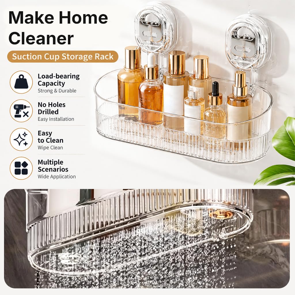 HASTHIP® No-Drill Bathroom Suction Storage Box, Large Capacity Strong Load-Bearing Suction Cup Storage Rack with Drain Holes, Removable Shower Caddy Hanging Wall Mount Kitchen Organizer-Transparent