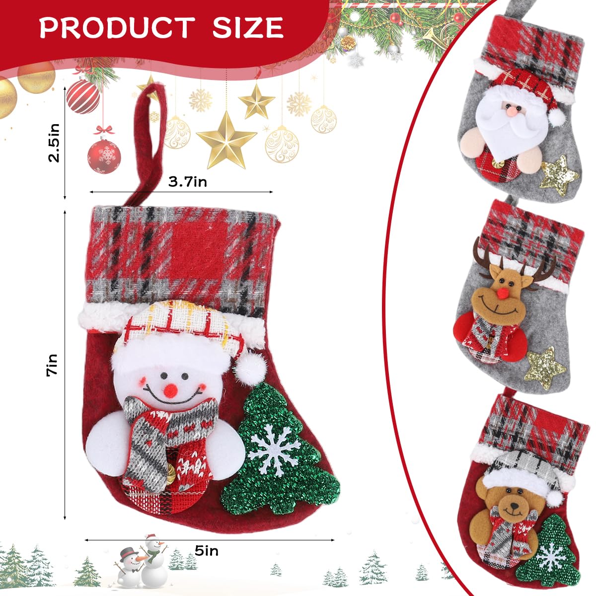 HASTHIP Christmas Stockings Set for Tree and Home with Santa Reindeer Bear Snowman Prints 13x17cm | 4Pcs Fabric Hanging Decorations