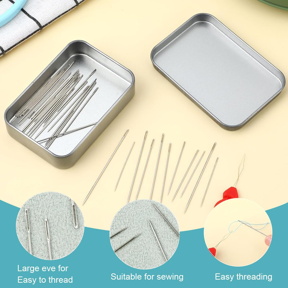 HASTHIP Large Eye Blunt Needles for Sewing and Knitting with Threaders 35pcs Steel Set | 7 Sizes in Iron Box