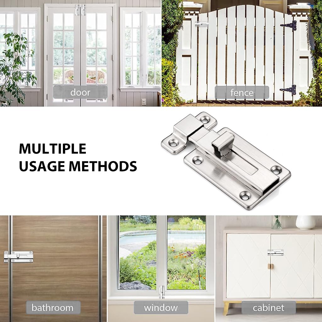 Stainless Steel Door Lock Sliding Latch with Screws Heavy Duty Security Slide Lock for Door, Window, Cabin, Chicken Coop, Barn (2 Pcs, Silver)