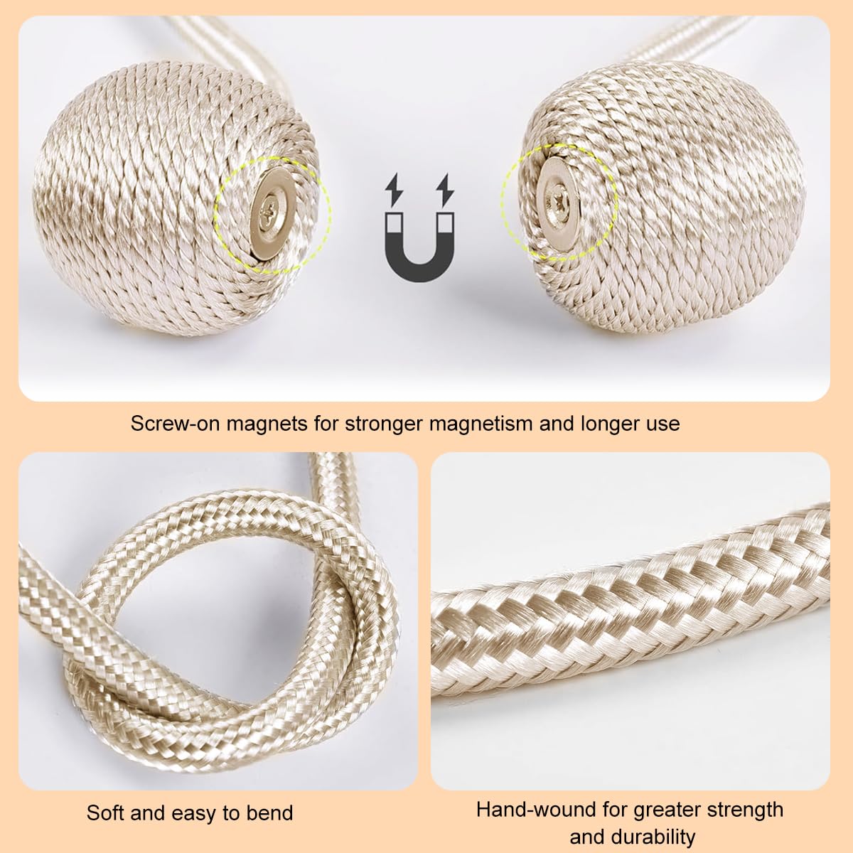 HASTHIP Magnetic Curtain Tiebacks for Home and Office featuring 40cm Rope & 3.3cm Balls | Beige