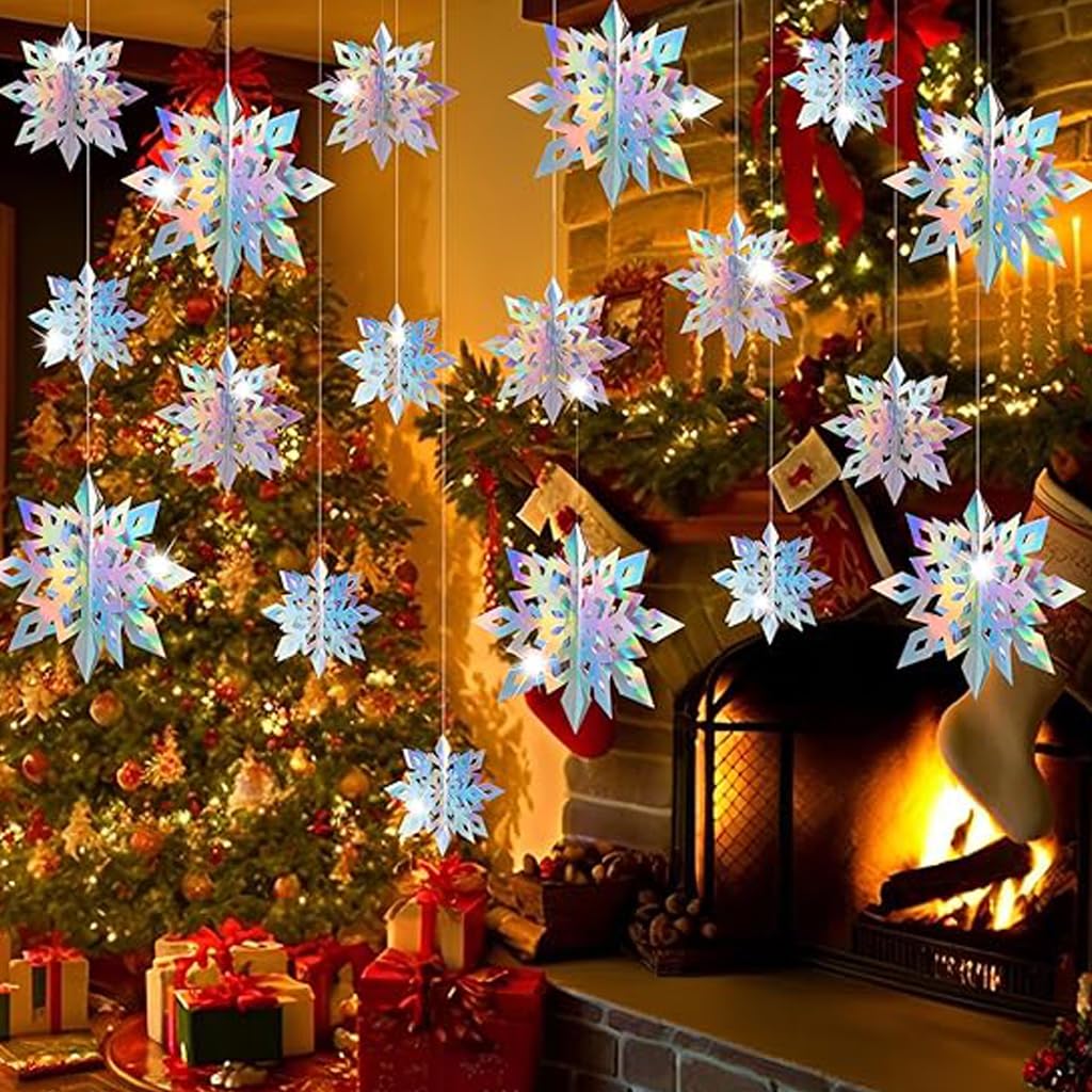 HASTHIP Christmas Snowflake Decorations for Winter Parties featuring 18PCS 3D Iridescent Paper Designs