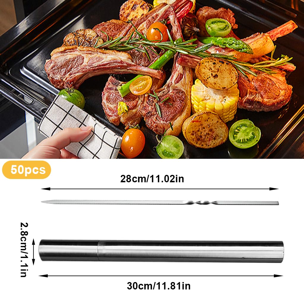 HASTHIP Kebab Skewers 50 pcs 11.8 in for BBQ and Grilling with Flat Arrow Tips | Stainless Steel Set with Storage Tube