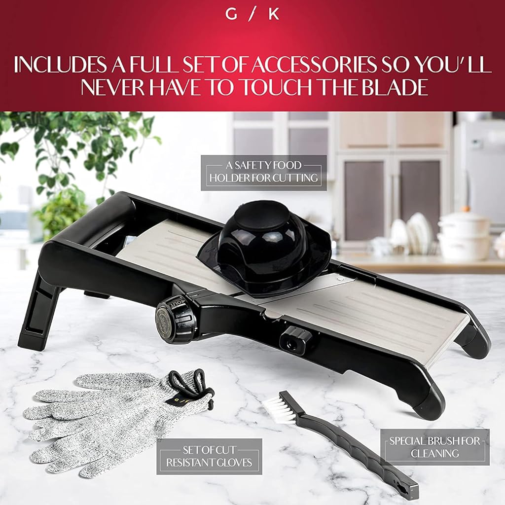 HASTHIP® Adjustable Mandoline Slicer for Kitchen, Potato Cutter, Vegetable Chopper, Mandolin- Include One Pair Cut-Resistant Gloves With a Small Brush-Black