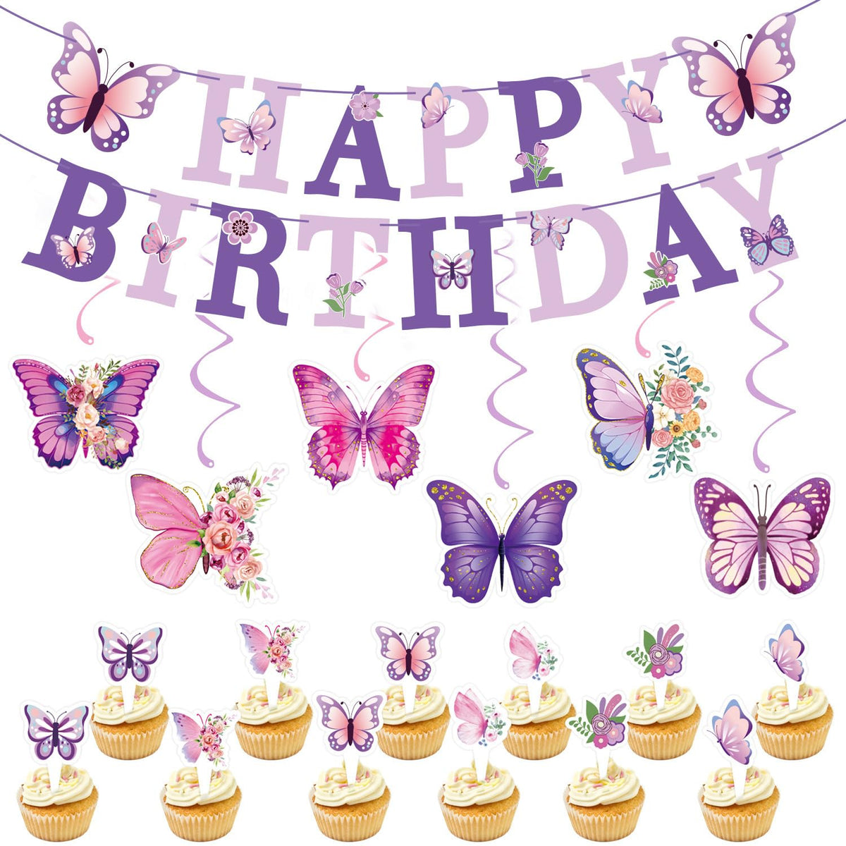 HASTHIP Birthday Party Supplies for Purple Butterfly Theme with 6 Hanging Spirals and 12 Cake Toppers