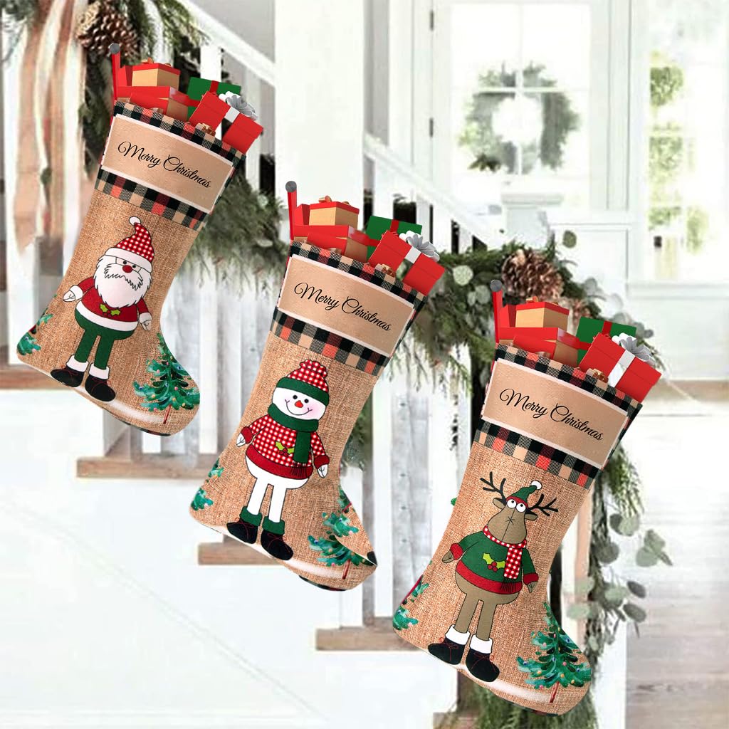 3pcs Christmas Stocking 16 inch Linen Print Christmas Gift Stocking Hanging Christmas Stockings Gift Christmas Stocking Christmas Stocking for Window, Christmas Tree, Door, Christmas Party