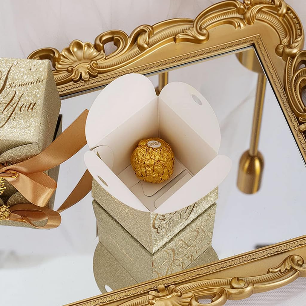 HASTHIP Small Gift Boxes for Wedding and Party Favors with Ribbon & Pearl Pin | 10pcs Gold Embossed 6.5×6.5cm Paper Boxes