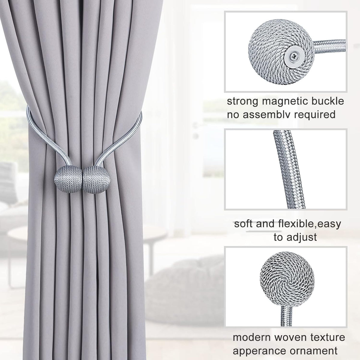 HASTHIP® Window Curtain Tiebacks Polyester Solid Drapery Magnetic Holdbacks for Office and Home Decorative Dark Gray (1 Pair, 2 Pcs)