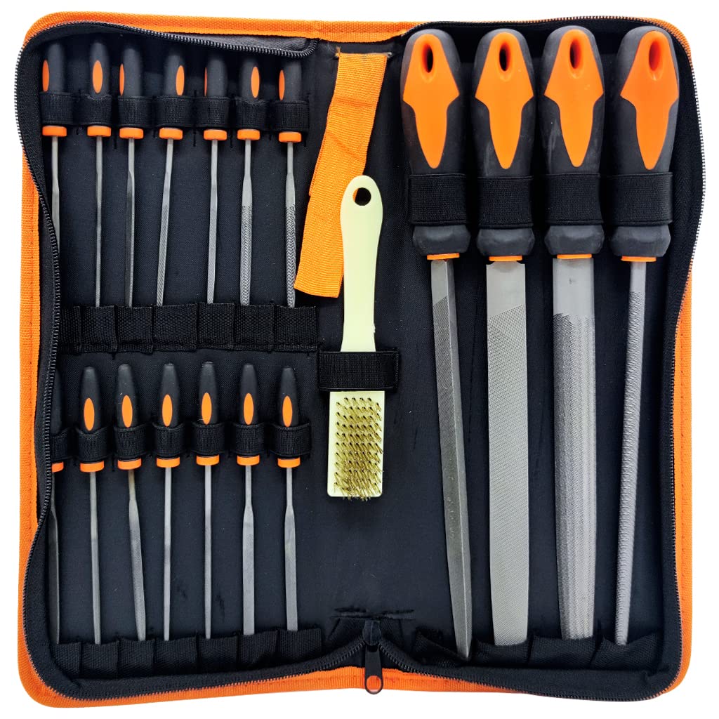 Supvox® 17Pcs File Tools Set with Portable Bag, Premium Grade T12 Drop Forged Alloy Steel File Tools, 4Pcs Precision Large File and 12Pcs Needle Files&1 brush, for Metal Jewelry Engraving Crafts Tool