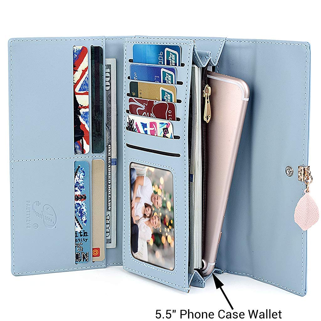 HASTHIP® Cartera Larga de Mujer de Cuero PU con Colgante Hoja,Monedero con Cremallera,Soporte para Tarjetas Bolsillo para Teléfono y Bloqueo RFID (Azul)