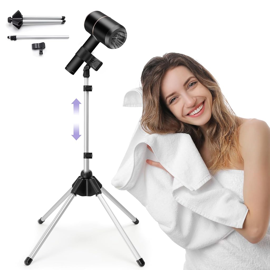 HASTHIP® Adjustable Hair Dryer Stand, 29-59 Inch Hair Dryer Holder with Tripod and Universal Clip, 360-Degree Rotating Blow Dryer Stand for Bathroom, Vanity, Makeup Room-Black