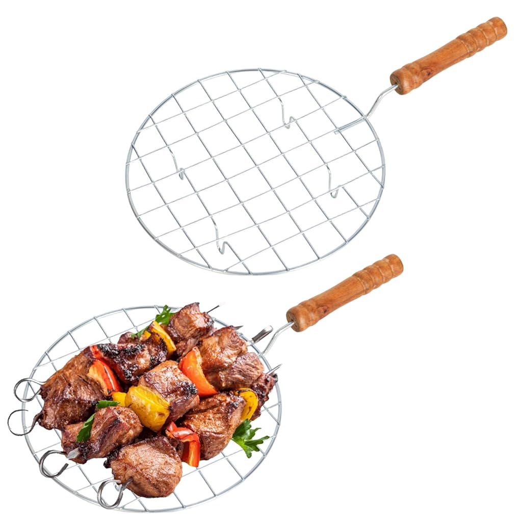HASTHIP® KSJONE 1 Pack Round Cooling Rack Stainless Steel Wire Baking Rack with 5.3" Wooden Handle, Multi-Purpose Oven Safe Grill Tray for BBQ, Cooking, Steaming, Barbecue, Silver