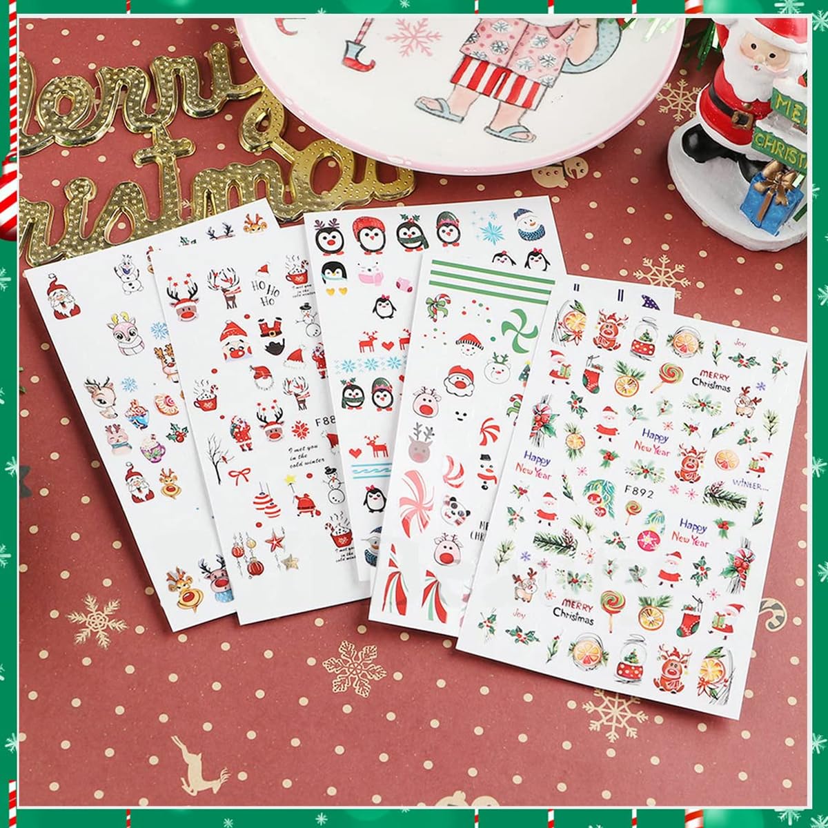HASTHIP Nail Art Decals for Christmas with 10 Sheets Self Adhesive Santa Designs | DIY Stickers