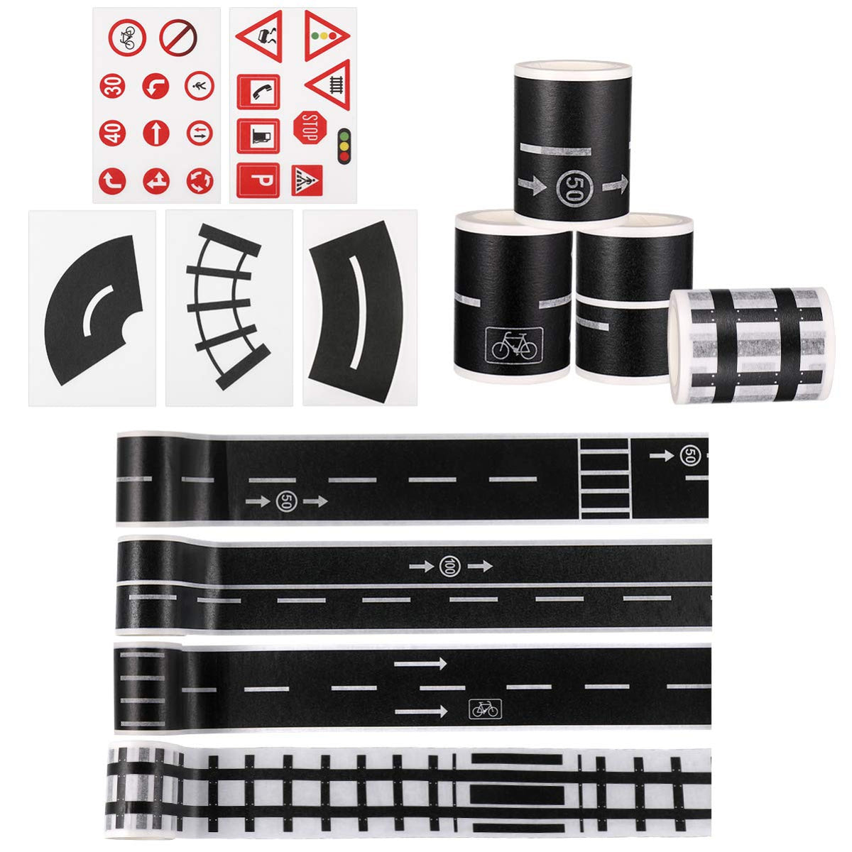 HASTHIP Washi Masking Tape Set for DIY Toy Car Roads with 4 Rolls 5m Each and Traffic Stickers