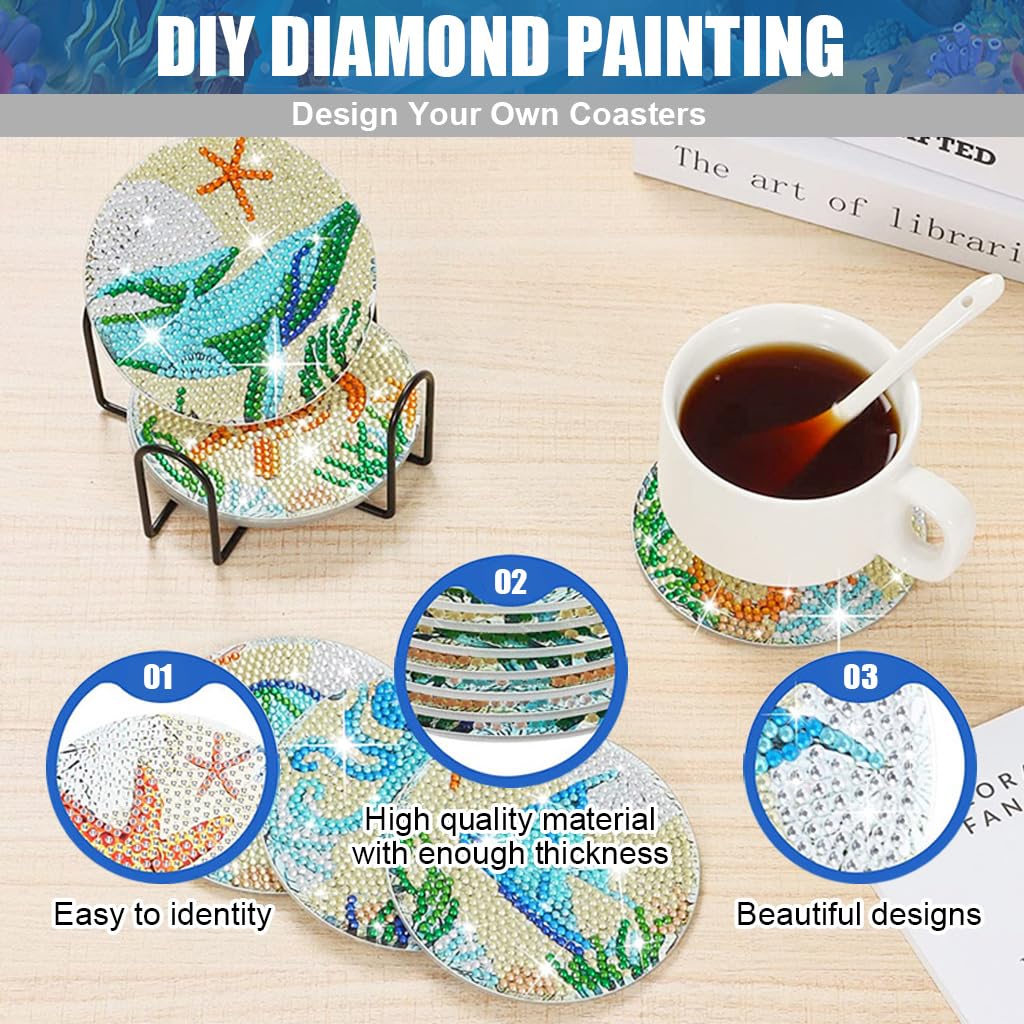 HASTHIP Diamond Painting Coaster Kit for DIY Crafts with Holder and Cork Base 8 Pcs Acrylic | Fun Gift for Adults and Kids