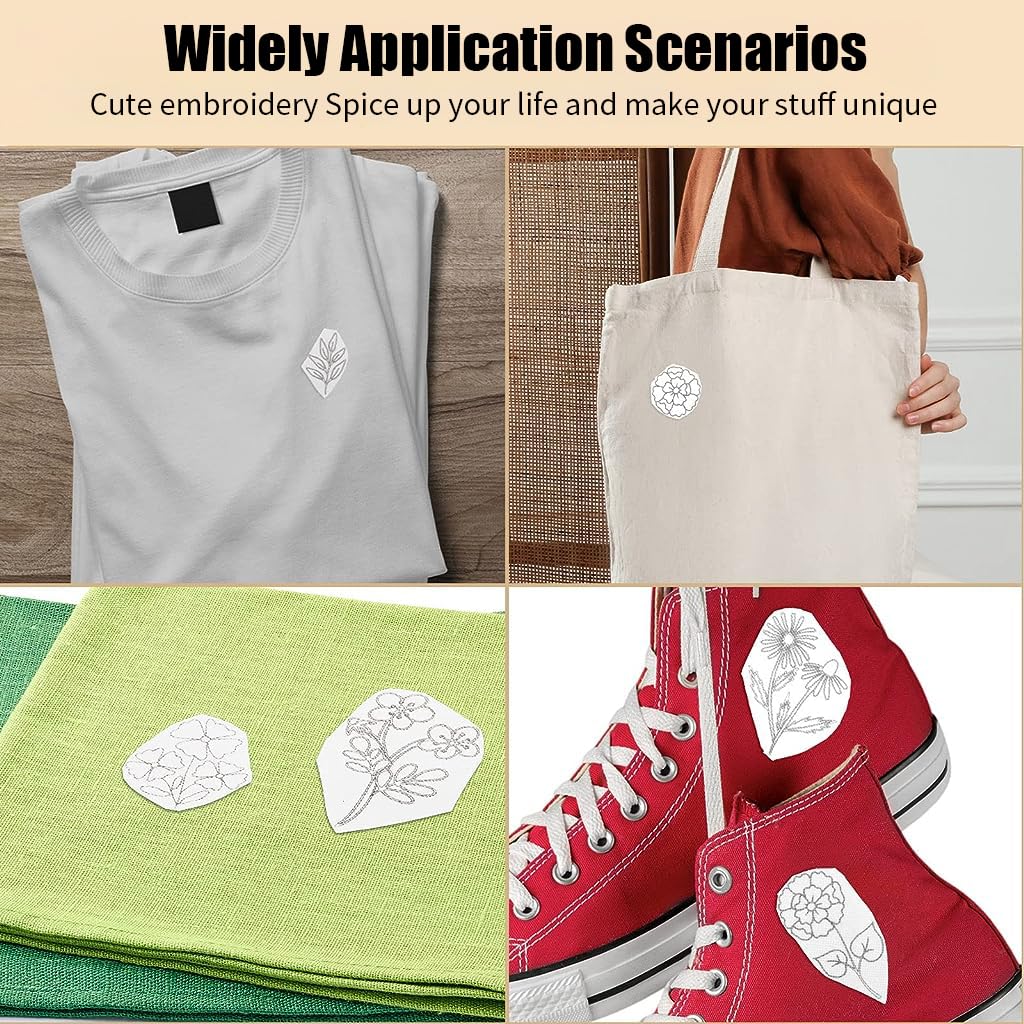 HASTHIP Water Soluble Stabilizer for Embroidery with 50 Flower Patterns in White | Easy Stick and Stitch for Beginners