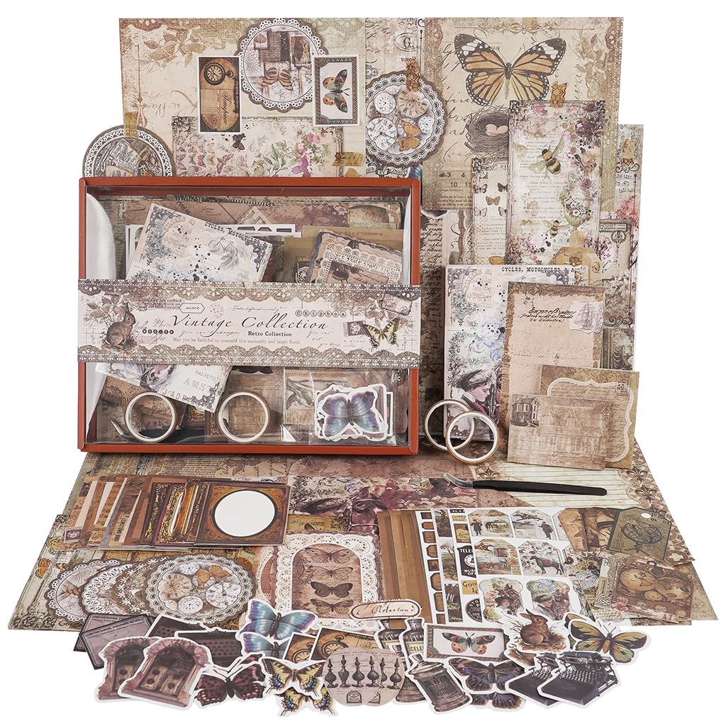 HASTHIP Vintage Journal Supplies Kit for Scrapbooking with 202 pcs A6 Notebook Set | Wisteria Flower Design