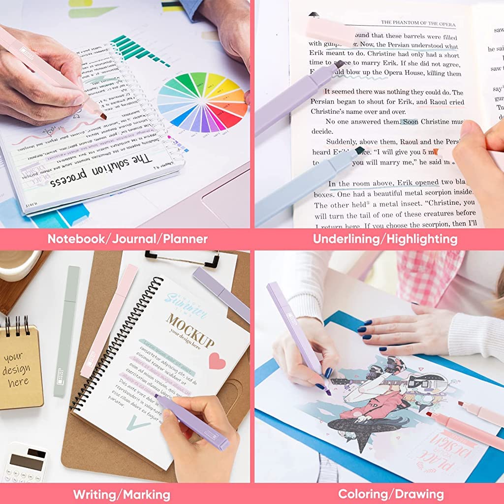 HASTHIP Highlighter Pen Set for Journaling and Notes with 6 Colors and Soft Chisel Tip | Quick Dry Ink