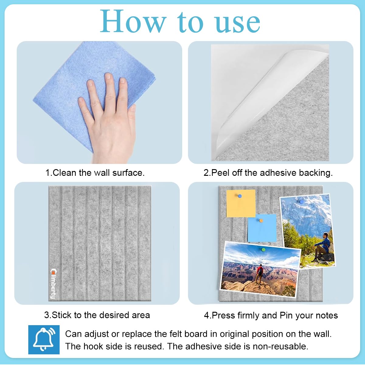 HASTHIP® 6Pcs Felt Bulletin Board Vision Board,30x30cm Self-Adhesive Wall Boards with 50pcs Drawing Pins,Felt Message for Paste Notes Photos Schedules (Grey)