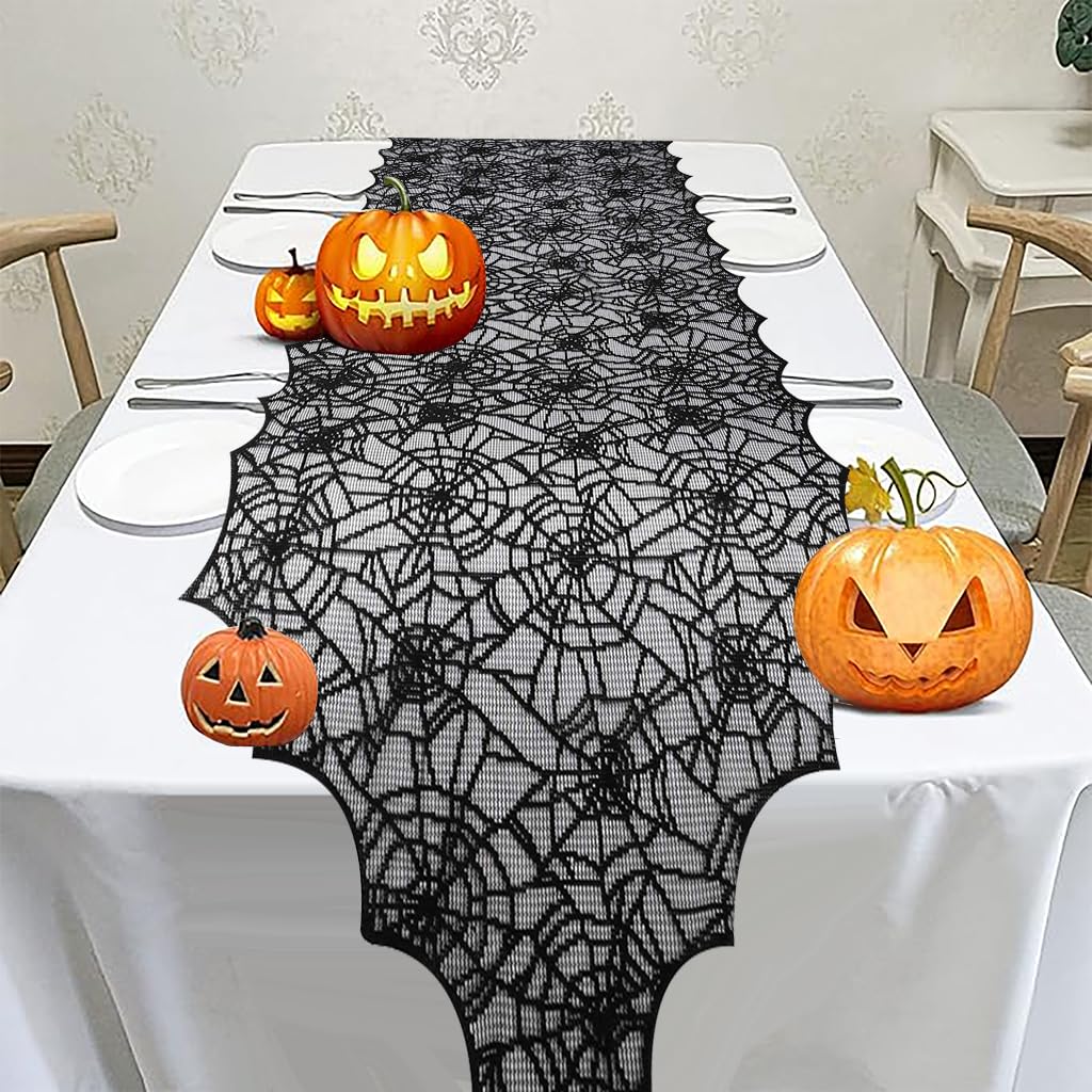 HASTHIP Halloween Table Runner 18x72 in for Party Decor featuring Black Lace Cobweb Design