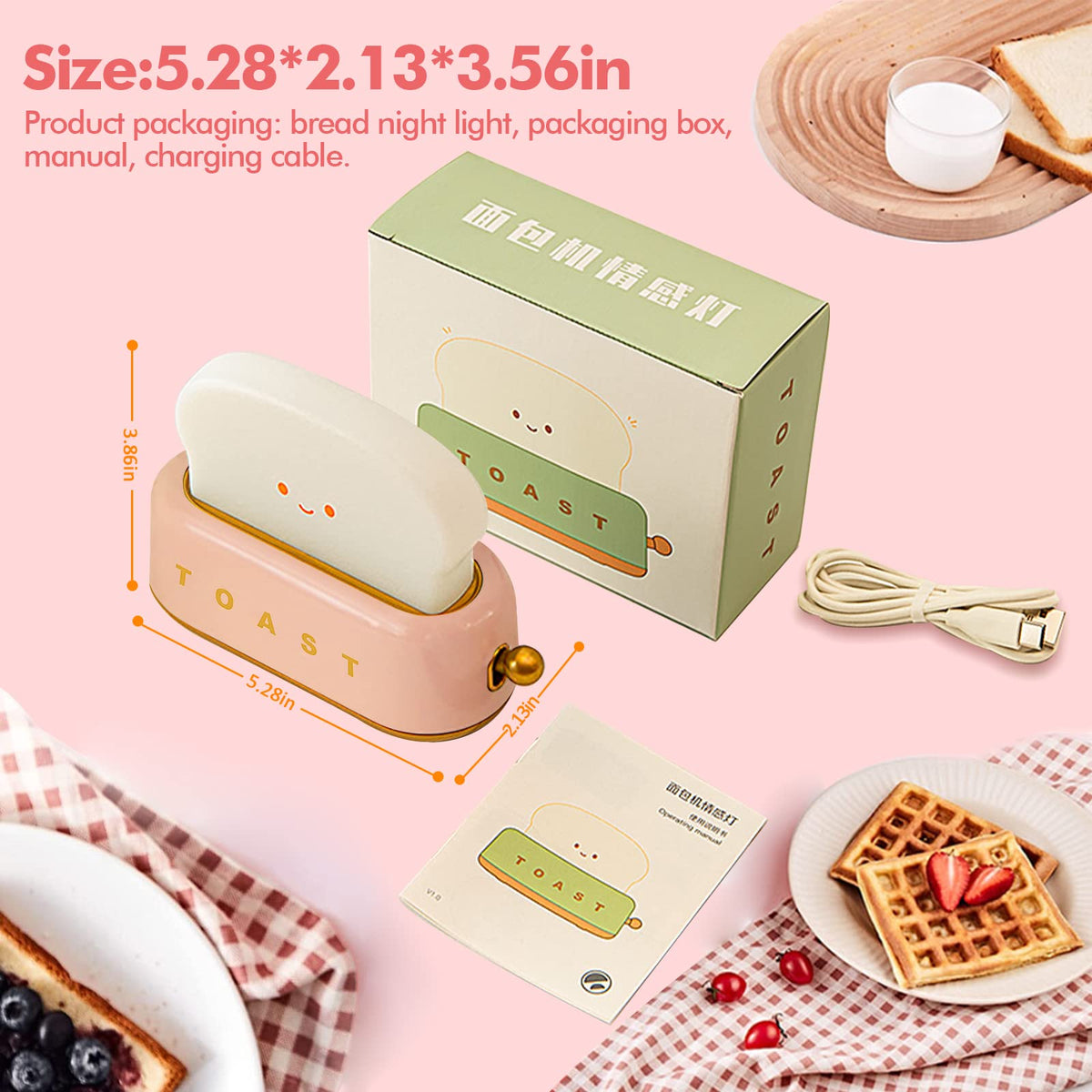 HASTHIP® Kawaii Desk Lamp Cute Toaster LED Light,Rechargeable Portable Night Light with Timer,Eye-Caring Dimmable Table Lamp Bedroom Decor Gift for Kids Girls Teens Reading Study