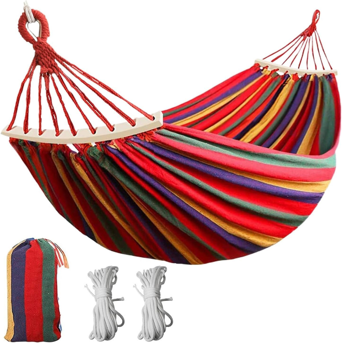 HASTHIP® Hamaca de Camping Portátil con Barras de Madera - Hamaca de Jardín Exterior de Nailon Transpirable y Resistente - Ideal para Acampar al Aire Libre, Terraza e Interiores Soporte Seguro y Suave