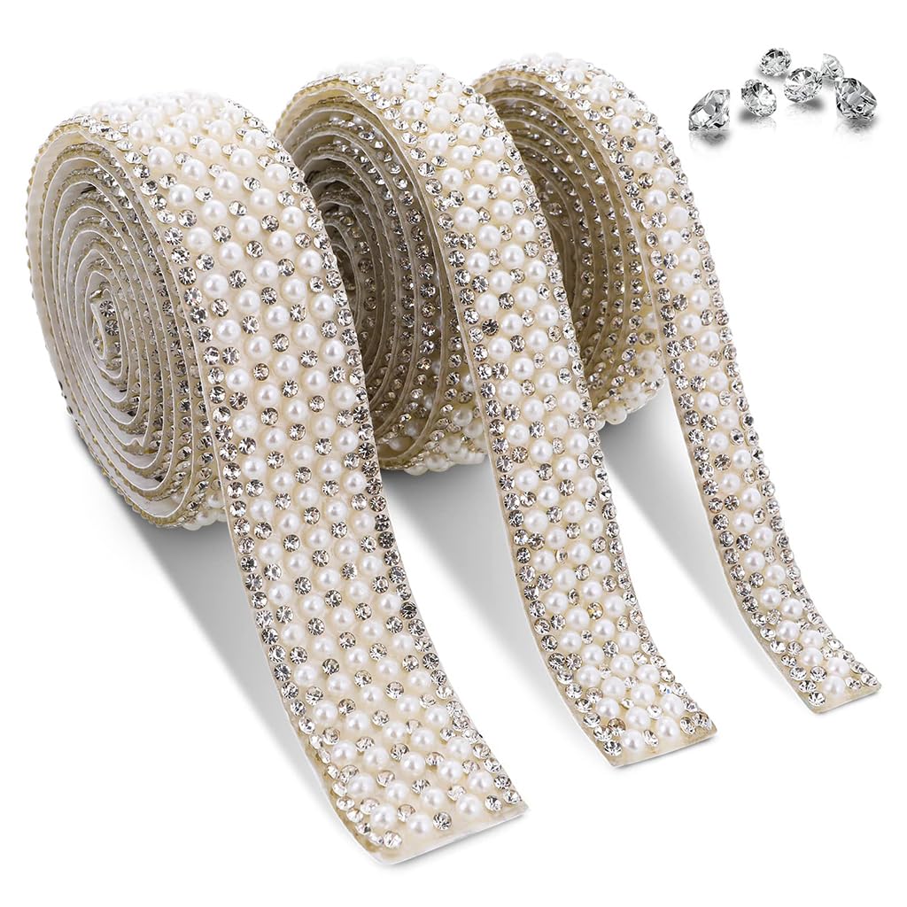 HASTHIP Pearl Rhinestone Ribbon Tape for DIY Crafts featuring Self Adhesive Design and 3 Rolls 1 Yard Each