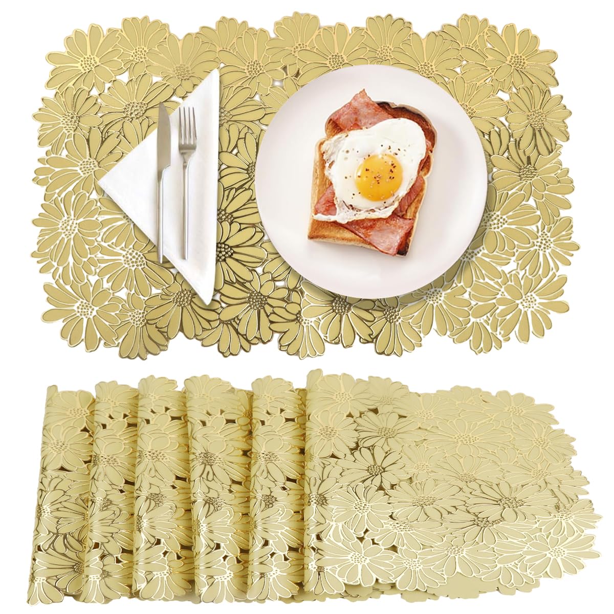 HASTHIP Placemats for Dining Table with 30x45cm Floral Embossing PVC Design | Golden Daisy Set of 6