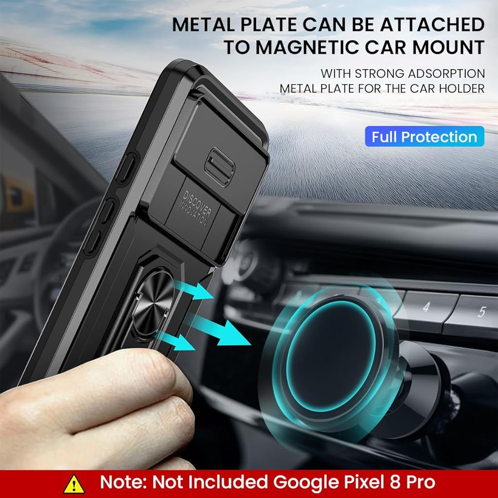 HASTHIP® Kickstand Phone Grip & Sliding Camera Cover, Military-Grade Anti-Scratch 360° Rotatable Stand for Google Pixel 8 Pro, Black PC+TPU, Shockproof, Lightweight, Wear-Resistant Phone Case