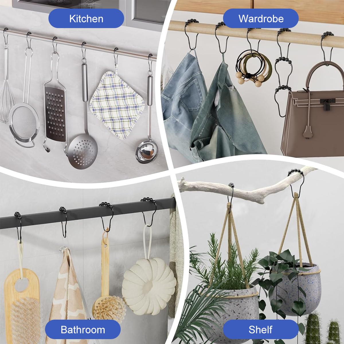 HASTHIP Shower Curtain Hooks Set of 12 with Snap On Design and Rust Resistant Black Finish