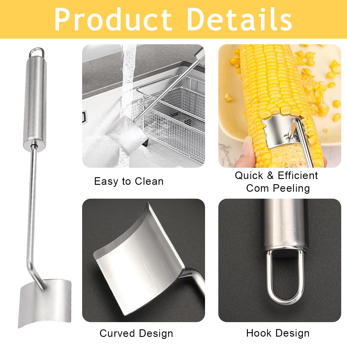 HASTHIP® Kitchen Corn Peeler Kernels Stripper Stainless Steel Corn Peeler Anti-Slip Long Handle Corn Peeler Quick Corn Stripper Remover Kitchen Corn Peeler for Salad, Corn Juice