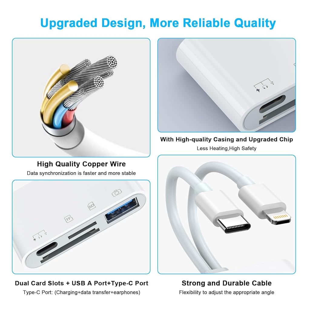 HASTHIP® 4 in 2 SD Card Reader for iPhone/iPad, USB C/Lightning to Micro SD/SD Card Adapter with SD MicroSD Type-C USB 4 Slots,