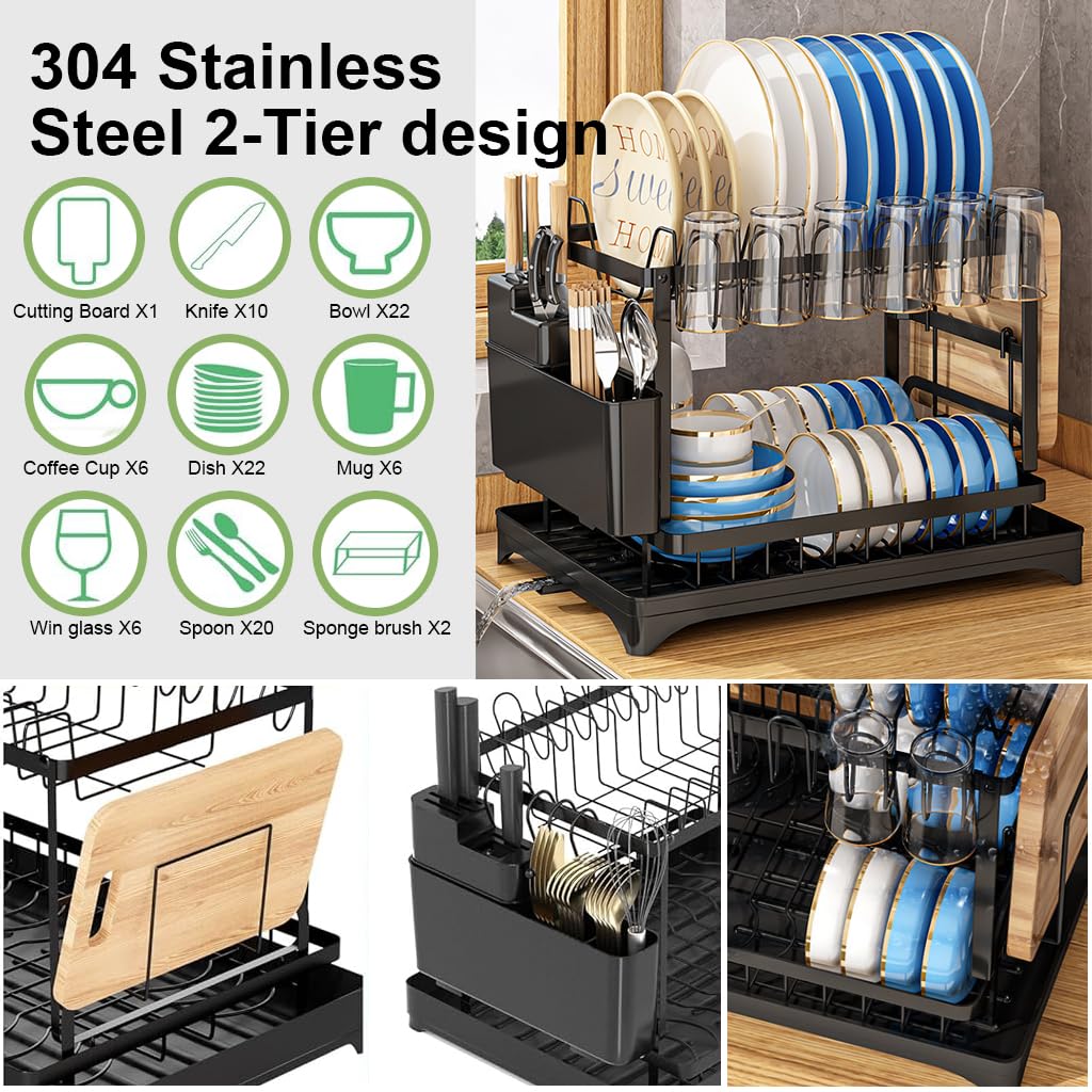 HASTHIP® Dish Drying Rack, Double Dish Drying Rack, Dish Drying Stand with Utensil Holder & Drainboard Tray & Cutting Board Holder, Large Capacity Dish Drainer Collapsible Rust-Resistant Dish Rack