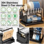 HASTHIP® Dish Drying Rack, Double Dish Drying Rack, Dish Drying Stand with Utensil Holder & Drainboard Tray & Cutting Board Holder, Large Capacity Dish Drainer Collapsible Rust-Resistant Dish Rack