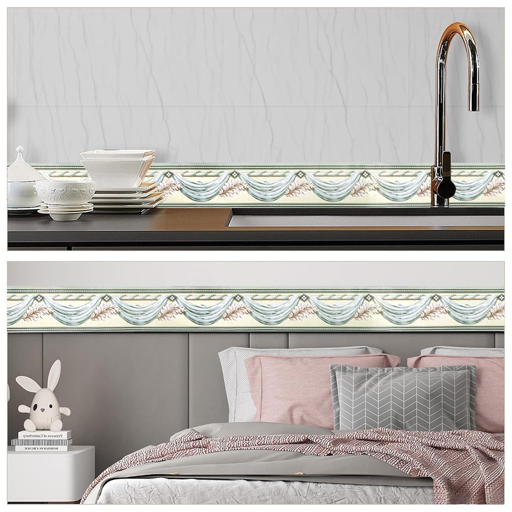 HASTHIP® Wall Border Sticker - 3.9''×29.5 Ft Self-Adhesive Floral Trim PVC Frame Sticker, Kitchen Bathroom Waterproof Wallpaper Border Self Adhesive Tiles Sticker for Room Decor, Cupboard (Green)